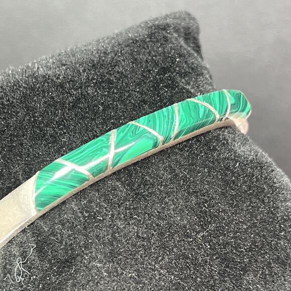 Vintage Mexico Taxco Sterling Silver Malachite Hinged Bangle Bracelet Signed 925 - Picture 4 of 14